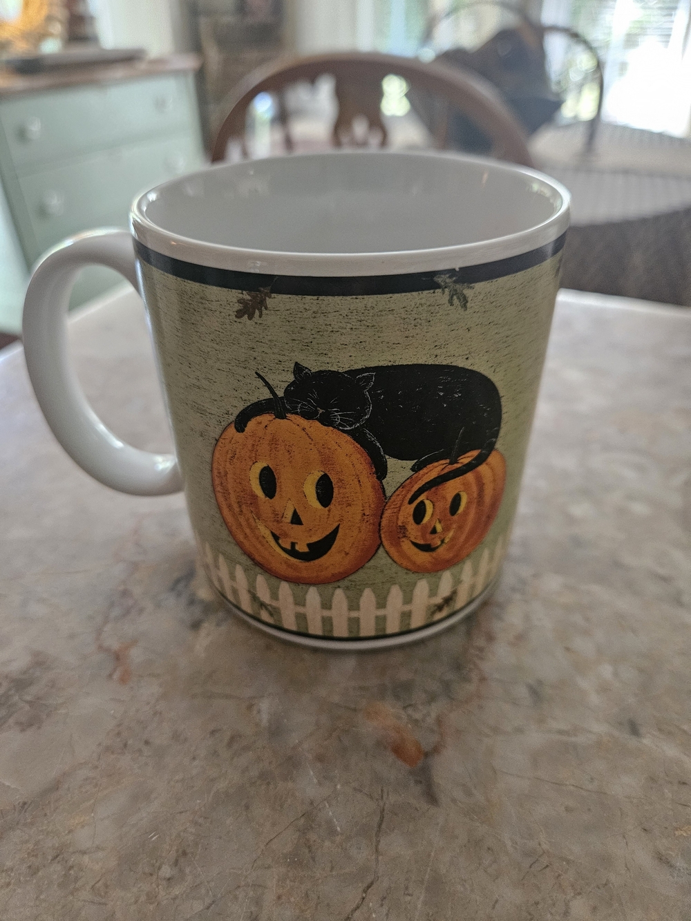 Halloween Ceramic Mug with Orange Pumpkins & Black Cat - White